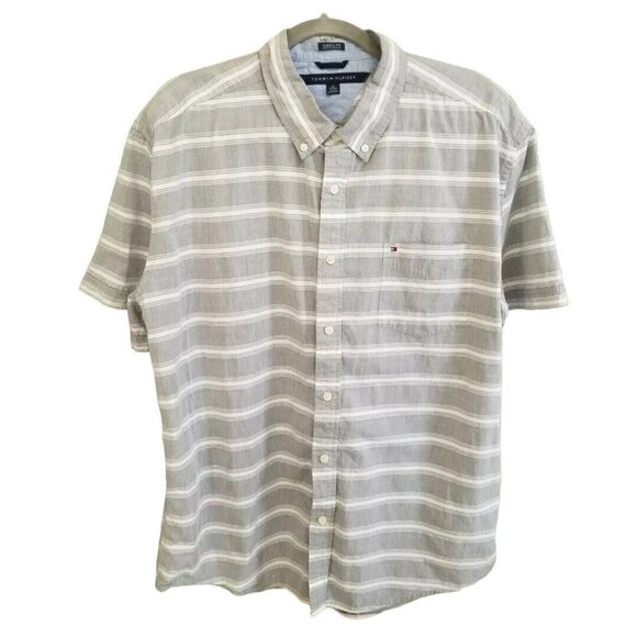 Tommy Hilfiger Sz XL Classic Fit Button Up Shirt Gray White Short Sleeve Cotton - Picture 1 of 6